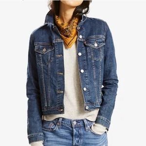 Levi’s Fitted Style Denim Jacket Blue Wash with Factory Distress.